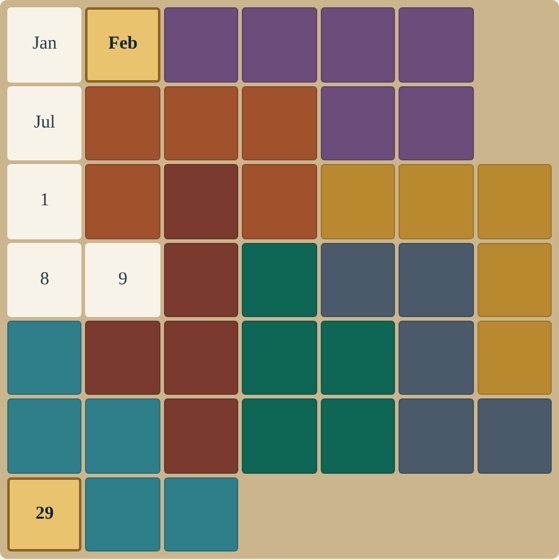 Calendar puzzle board with colored pieces leaving February and 29 uncovered