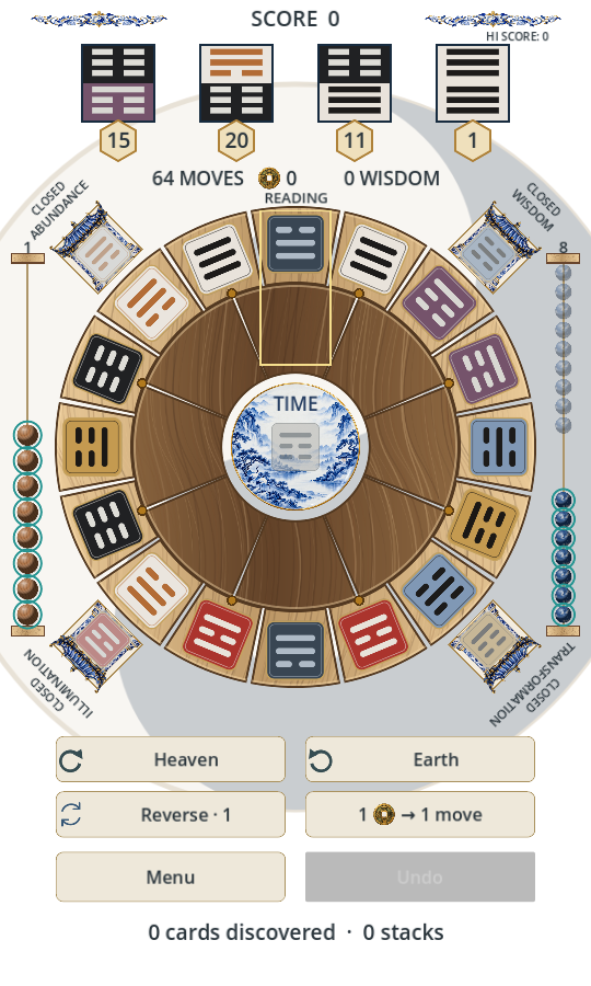 Changing Line board with concentric Heaven and Earth wheels, trigram tiles, and four scoring gates